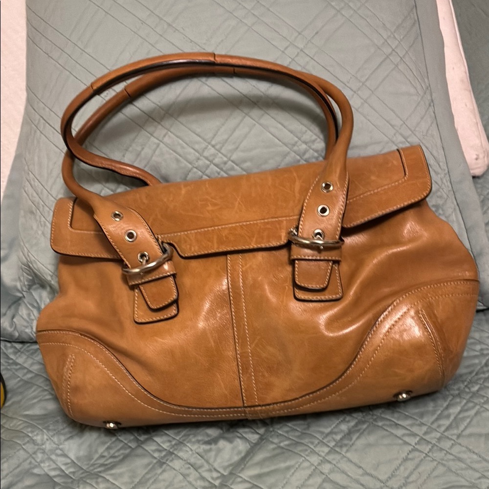 Coach Tan Leather Shoulder Bag with Buckle Details